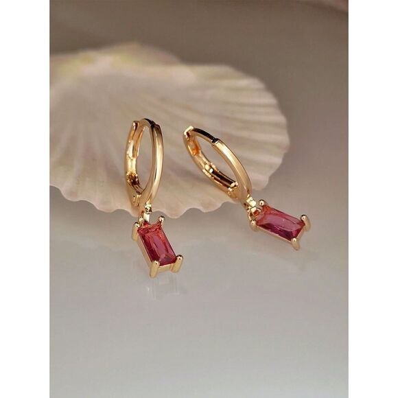 Emerald Cut Ruby Red Glass Earrings Dangle Drop Goldtone Hoop Delicate Feminine - Picture 5 of 7